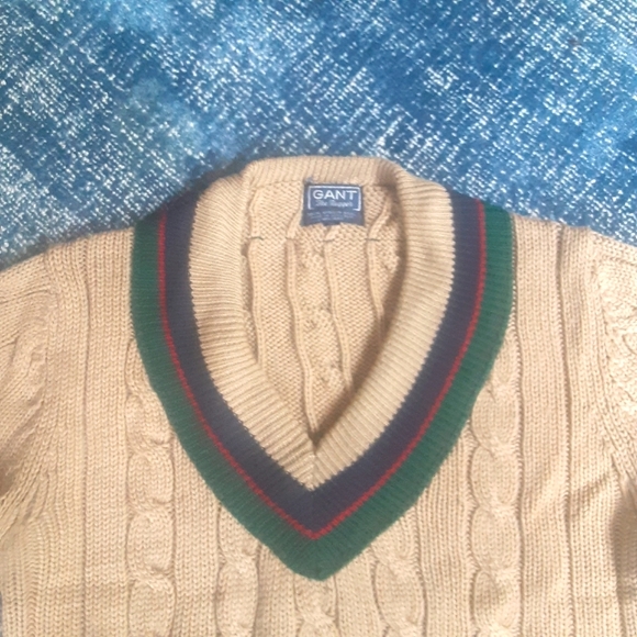 Gant The Rugger 100% Wool 1980s Cableknit Triple Stripe Cricket Sweater, MINT!!! - Picture 2 of 12
